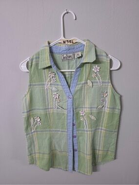 Tantrums Light Green Plaid Sleeveless Button-Front Top with Blue Trim Medium